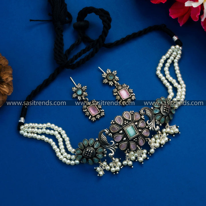 Traditional Choker Necklace with Full Mint-Pink Color Stones: Elegant German Silver Jewelry Set