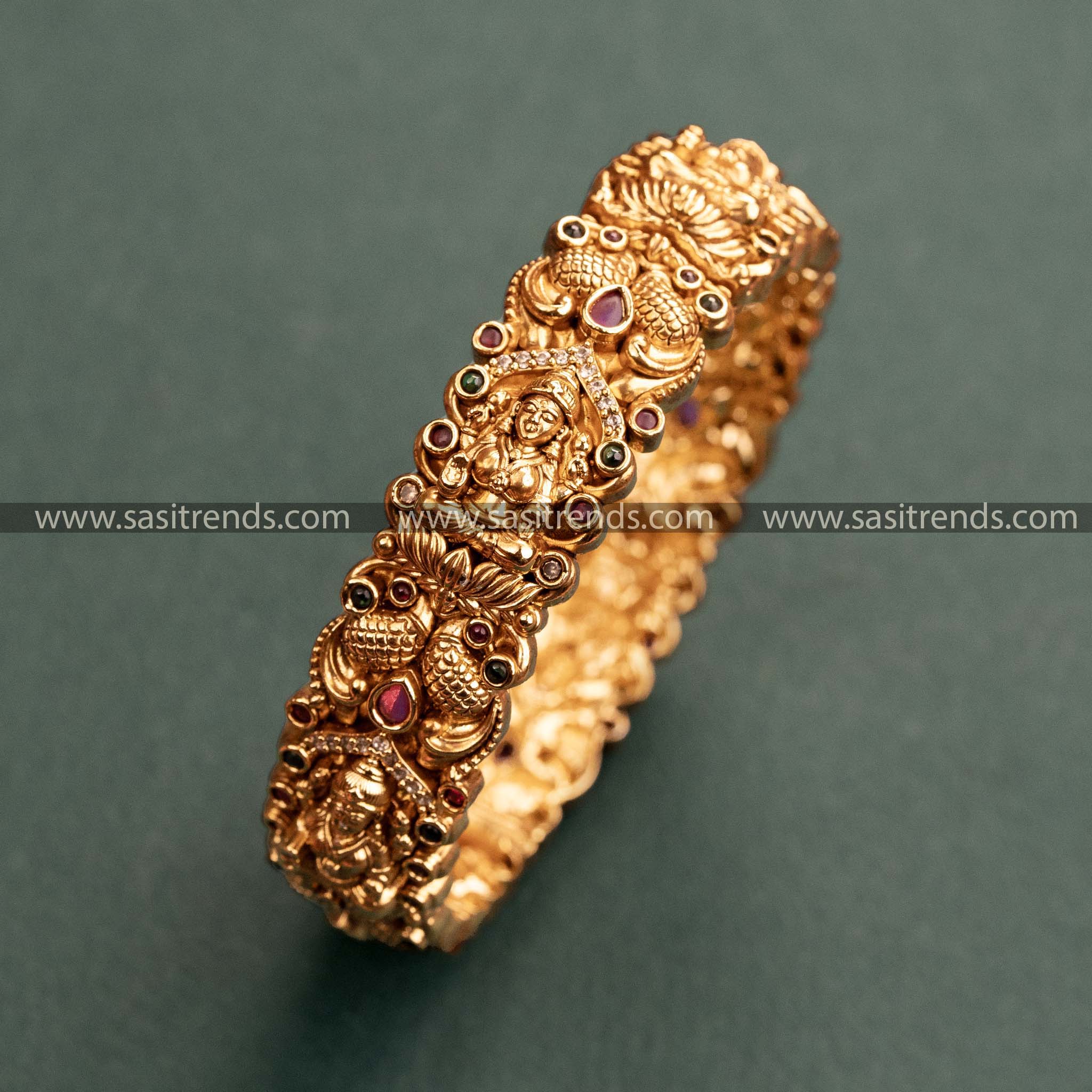 Traditional Lakshmi & Peacock Motif Openable Kada Bangle with Ruby-Green Stones