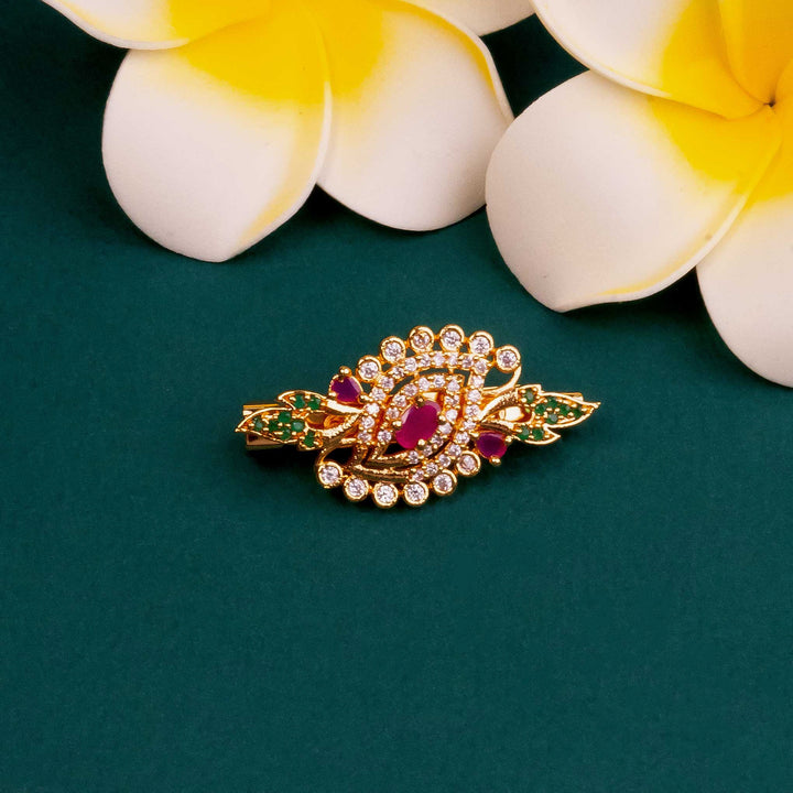 Exquisite Micro Gold Plated Floral Saree Pin with American Diamond Stones