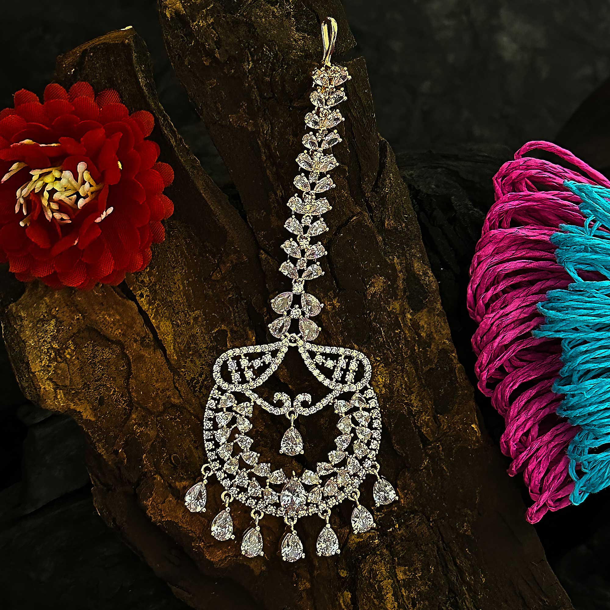 Gorgeous Chandbali Leaf Motif AD Maang Tikka Set for Women