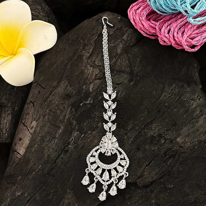 Shimmering Chandbali Floral Maang Tikka Set | Rhodium Silver-Plated American Diamond Bridal Look