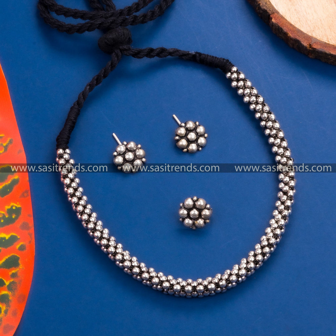 Kolhapuri Oxidized German Silver Necklace Set with Floral Earrings and Ring - Traditional Jewelry