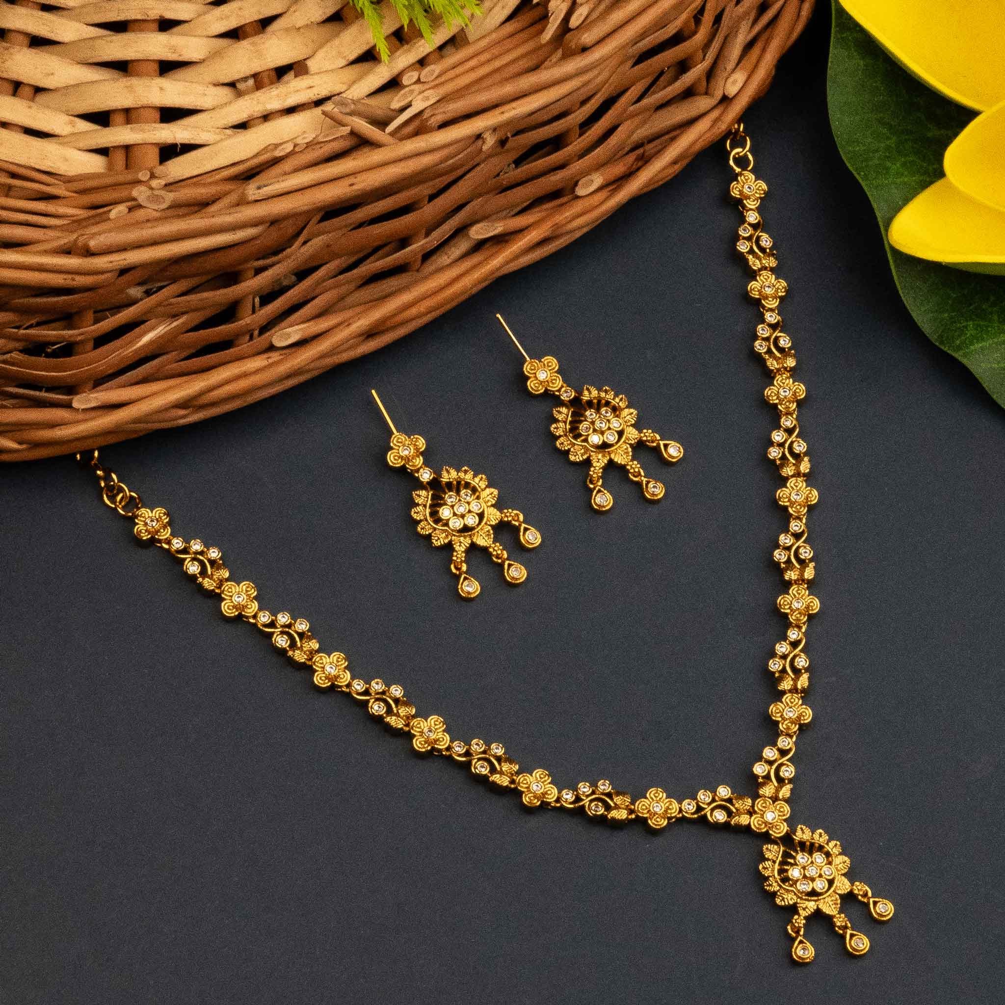 Matte Gold Temple Necklace with White AD Stones - Traditional Elegance