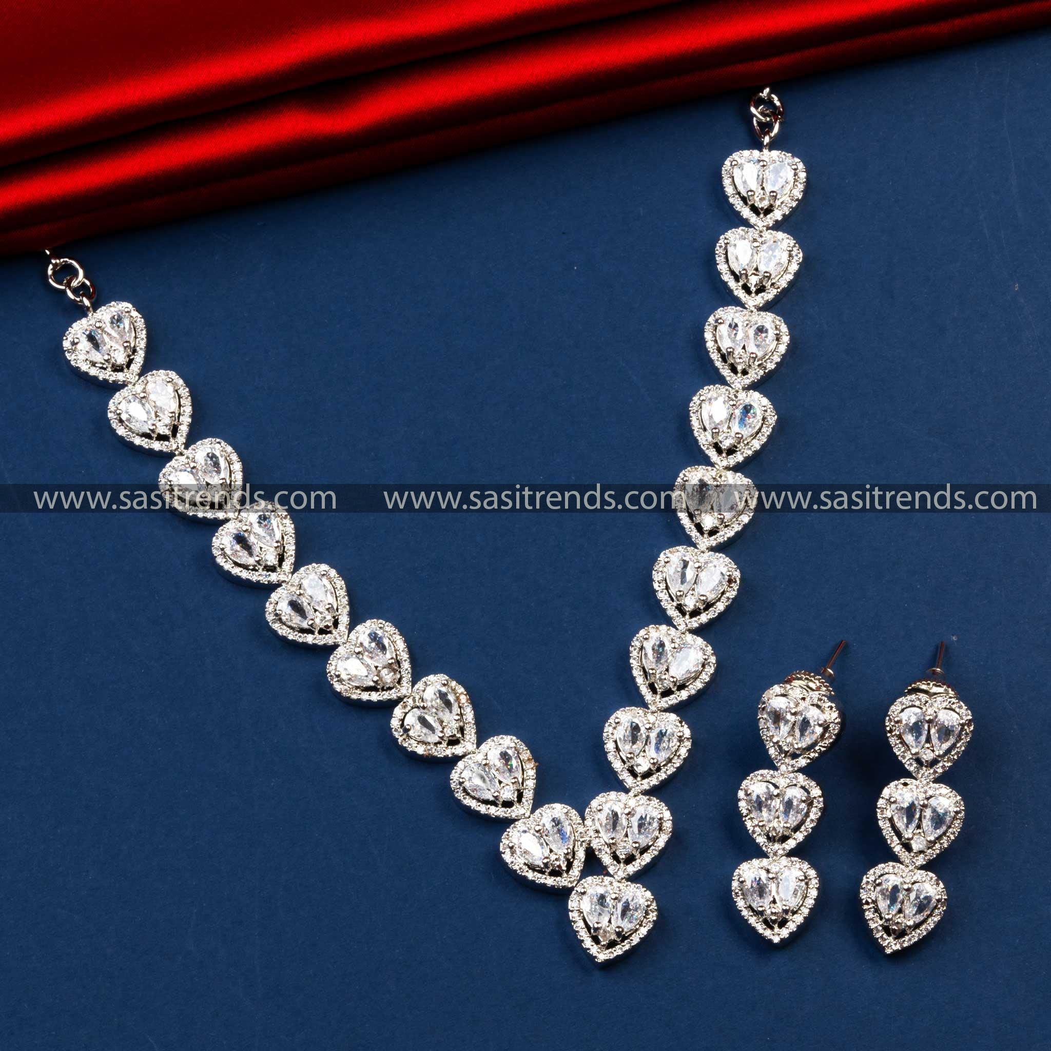 Heart Shaped Motif AD Necklace in Rhodium Silver Plated with Dazzling White Stones - Latest Party Wear