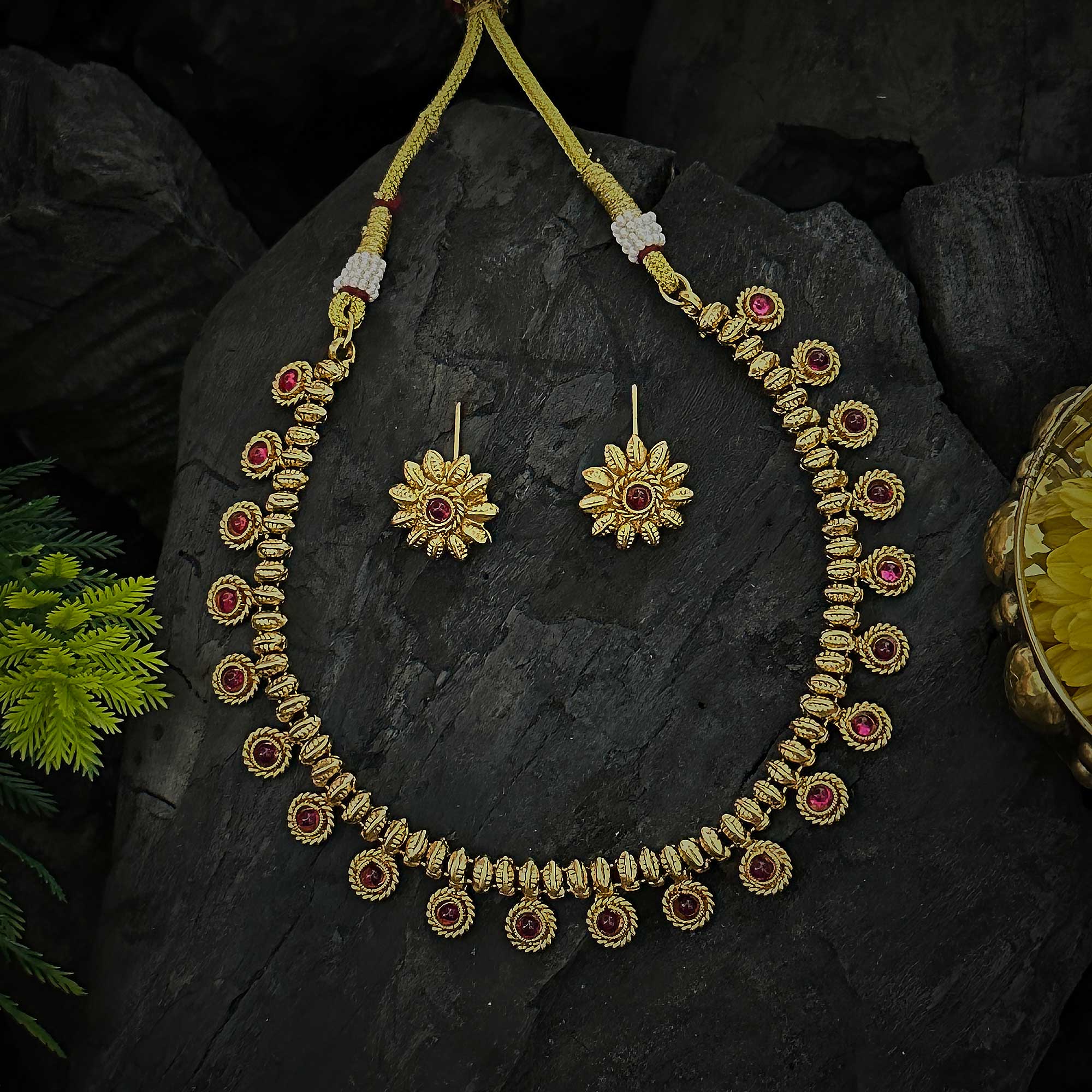 Antique Gold Plated Leaf and Floral Necklace Set with Premium Stones