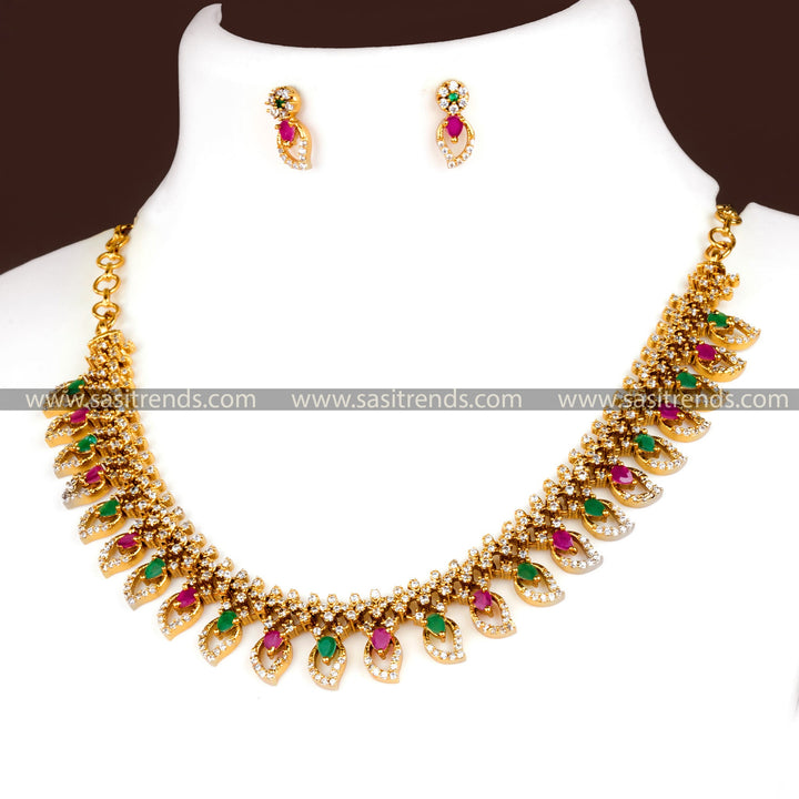 Trendy Temple Gold Plated Mango Leaf Necklace Set with Floral Earrings for Women