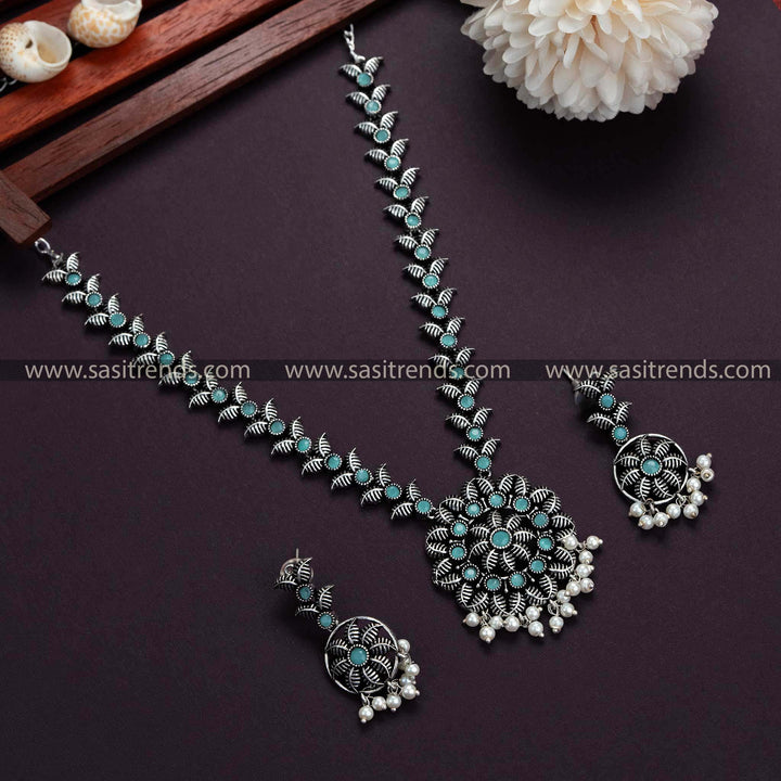 Trendy Flower Leaf Pendant Oxidised Silver Pearl Stones Necklace with Pearl Earrings Jewellery Set