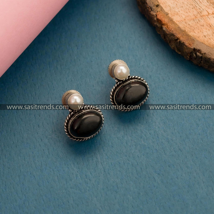 Black Oval Monalisa Stone Earrings in Oxidized German Silver - Embrace Classic Elegance at Friends' Parties and Get-Togethers