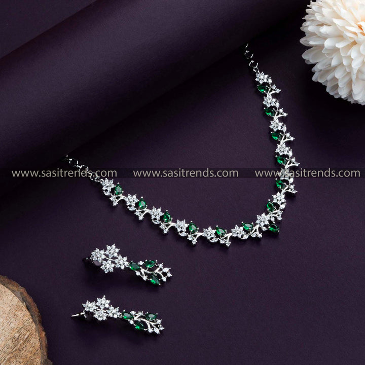 Rich party wear rhodium silver plated choker necklace set with floral pattern and American diamond stones.