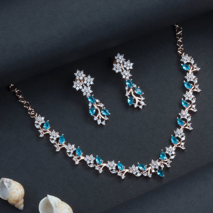 Stunning Rose Gold Plated Floral Jewellery Set with American Diamond Stones | Sasitrends