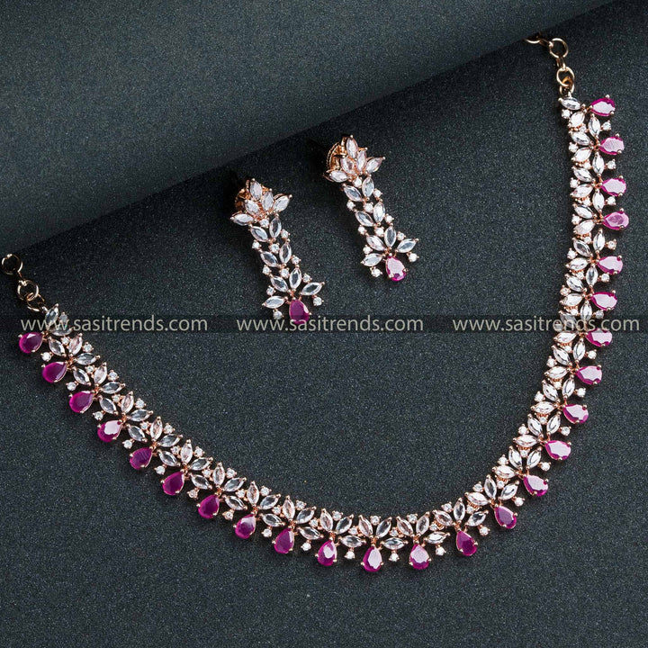 New Party Wear Rose Gold Plated Floral Jewellery Set – American Diamond Stones for Women