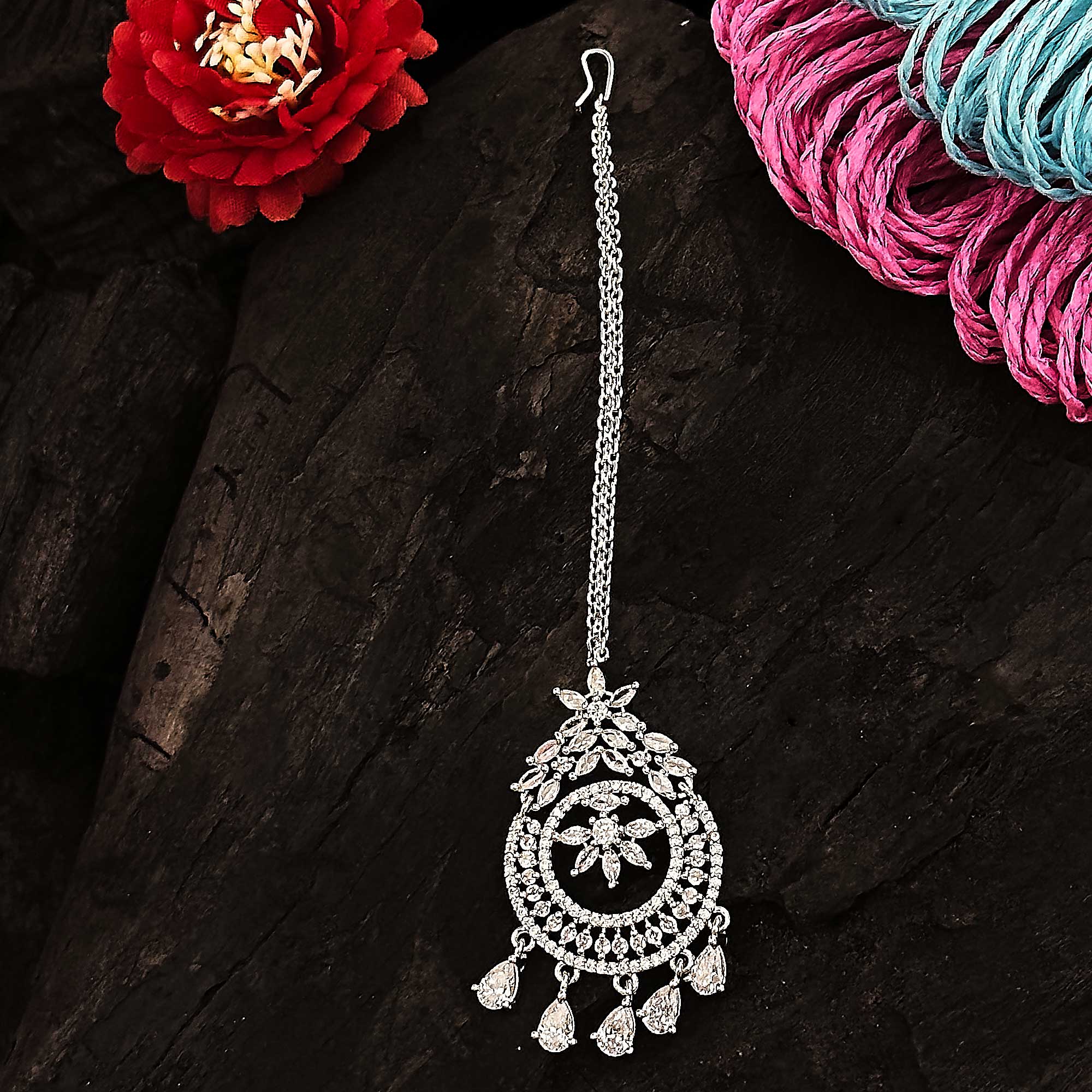 Rhodium Silver AD Stone Floral Maang Tikka for Women