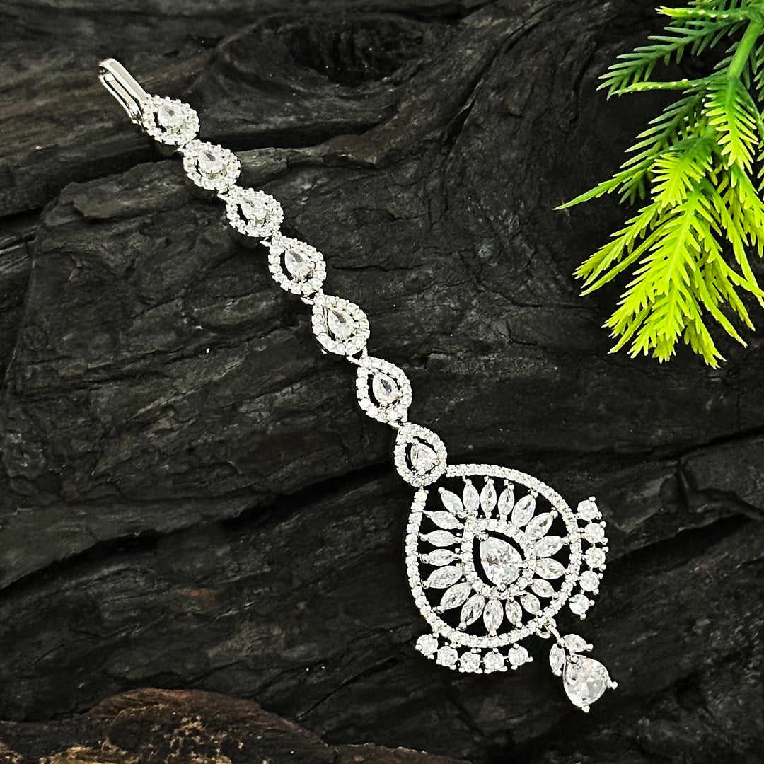 Rhodium Silver AD Maang Tikka - Bridal Floral Design