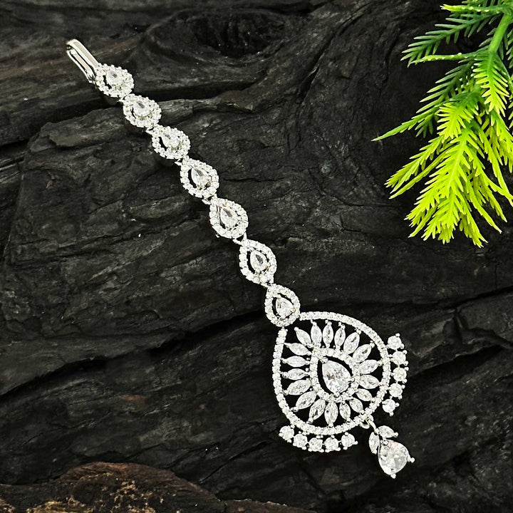 Stunning Rhodium Silver American Diamond Maang Tikka Set for Women | Sasitrends