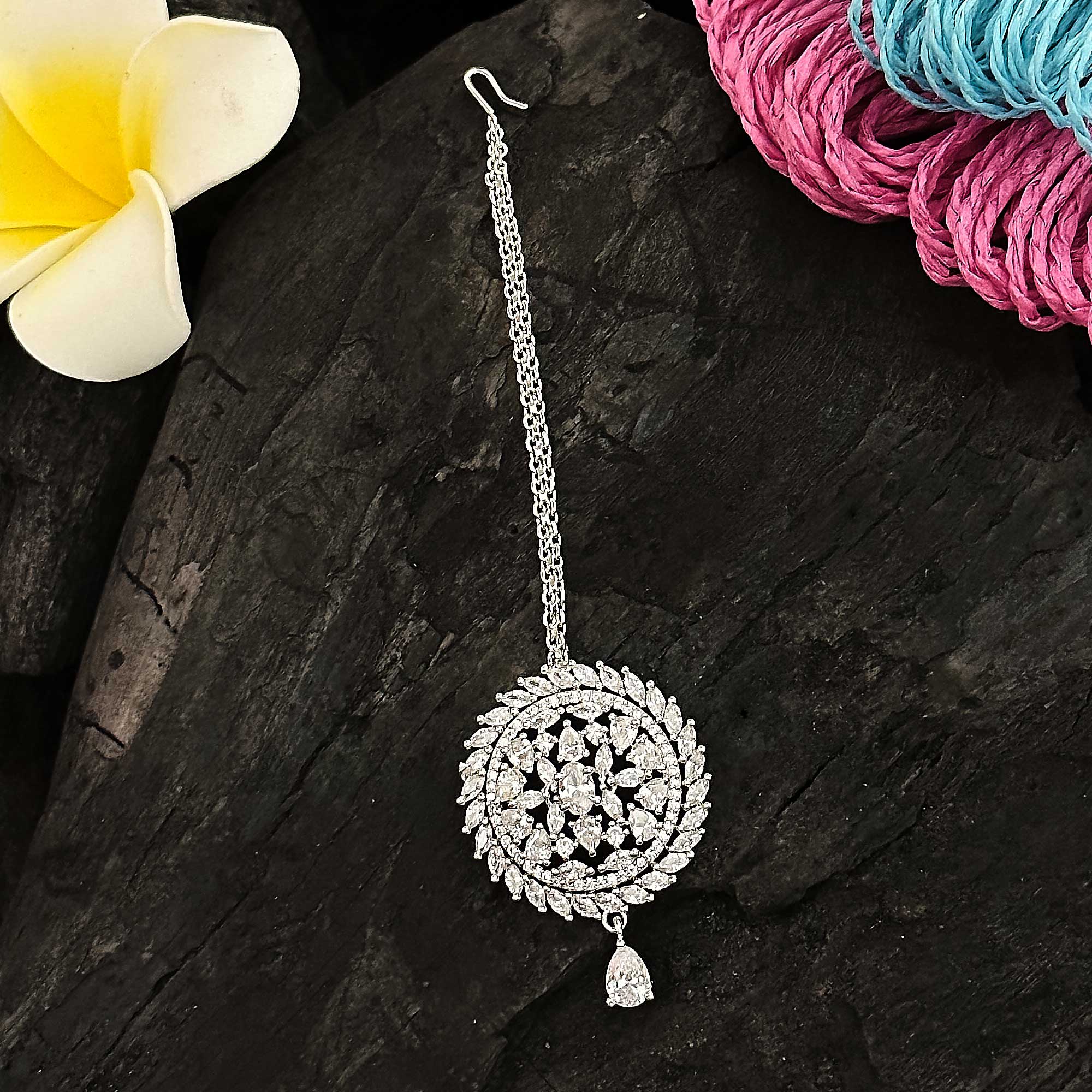 Elegant Rhodium Silver Floral Maang Tikka with American Diamonds