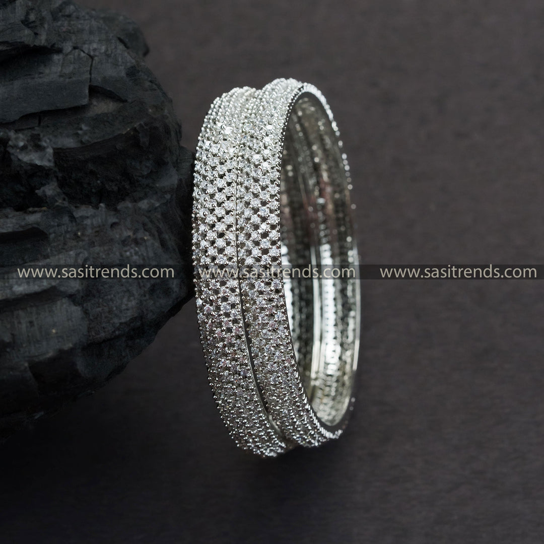 Party Wear Rhodium Silver Plated Bangles with White American Diamond Stones