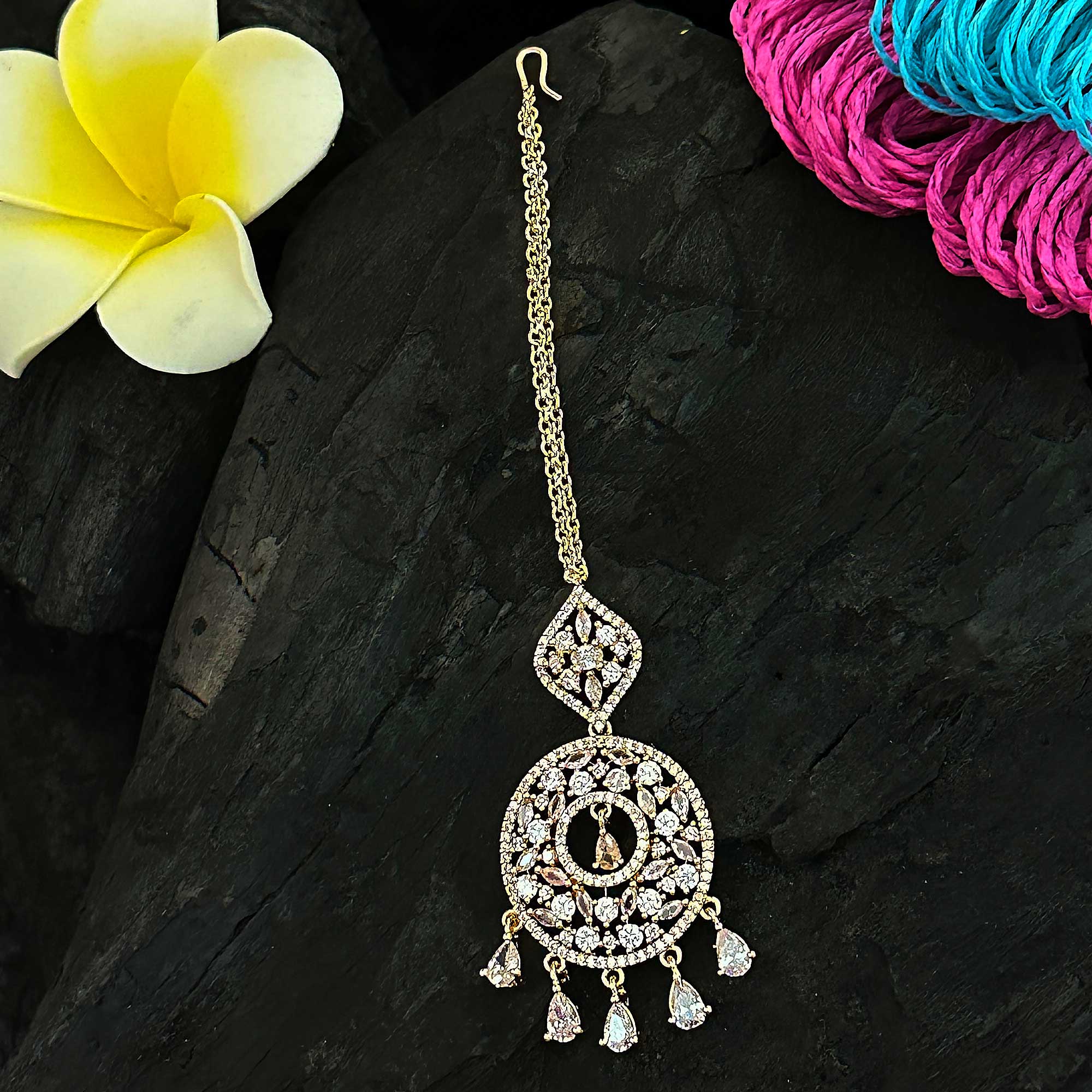 Rose Gold Plated Flower Motif AD Maang Tikka