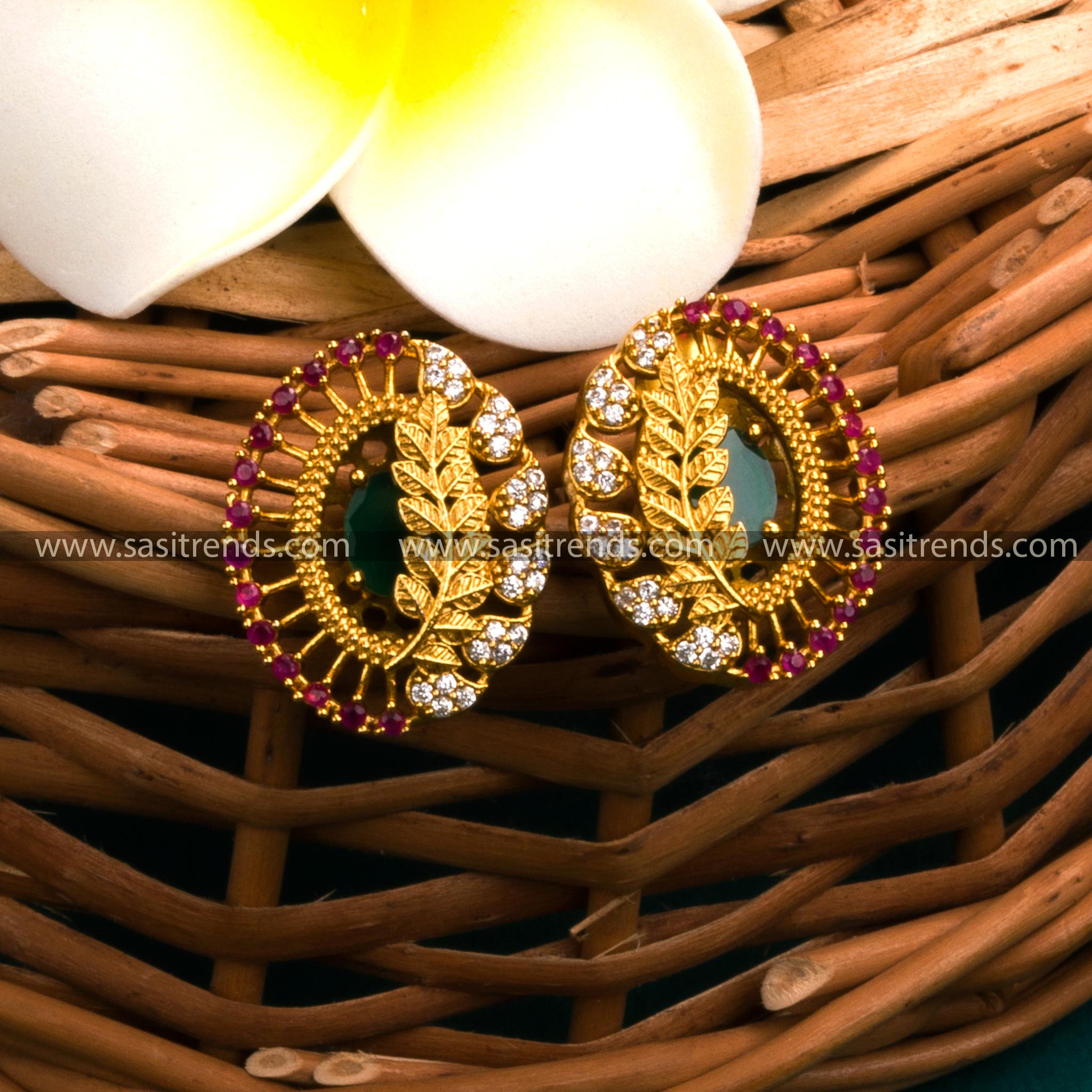 Oval-shaped Temple Gold Tone Leaf Earrings with AD Stones for Women