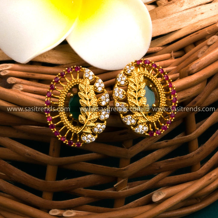 Oval-shaped Temple Gold Tone Leaf Earrings with AD Stones for Women