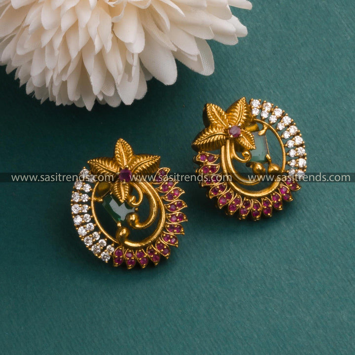 Trendy Temple Matte Gold Tone Floral Earrings with AD Stones for Women - Latest New Collection