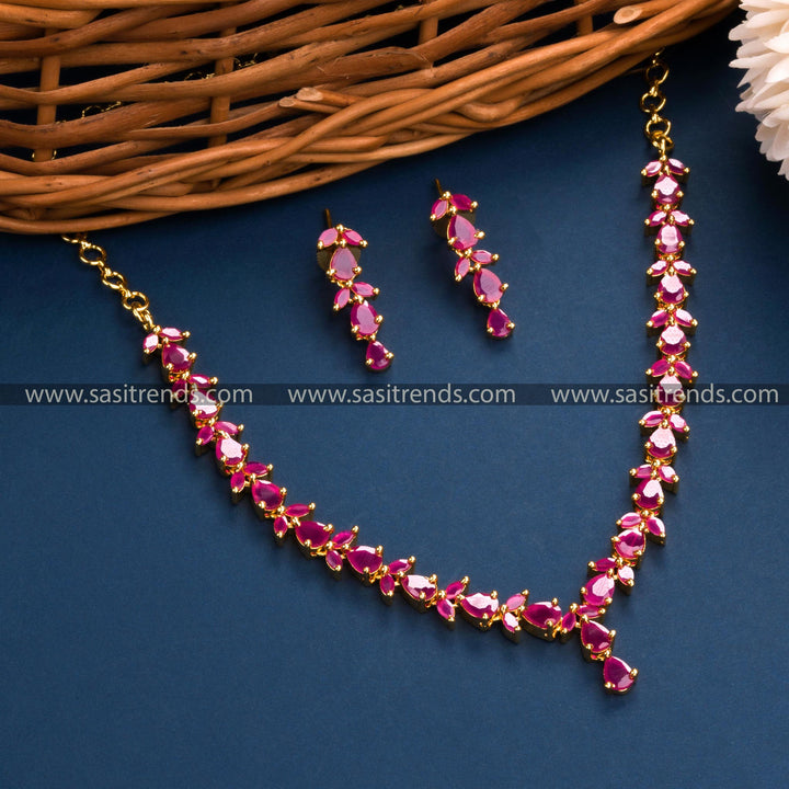 Trendy Micro Gold Plated Leaf & Tear Drop Ruby AD Stones Jewellery Set | Sasitrends