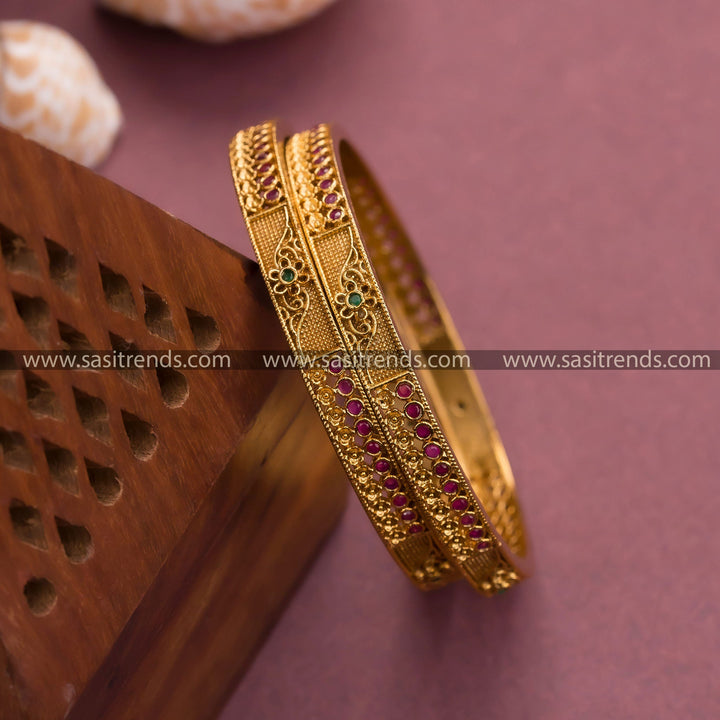 Traditional Temple Matte Gold Plated Floral Bangles with Ruby-Green American Diamond Stones for Women - Online Shopping