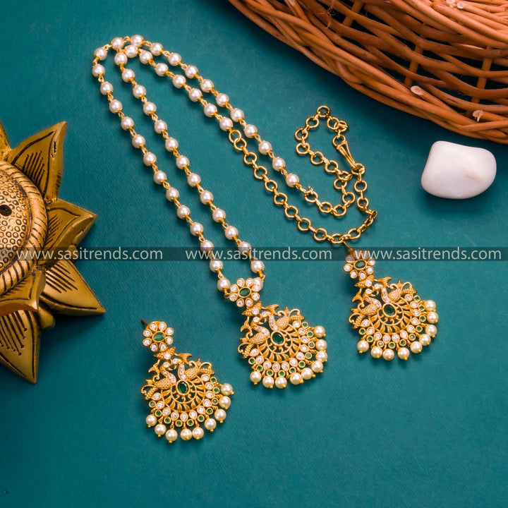 Trendy Temple Matte Gold Plated Peacock Pendant Pearl Jewellery Set with AD Stones | Sasitrends