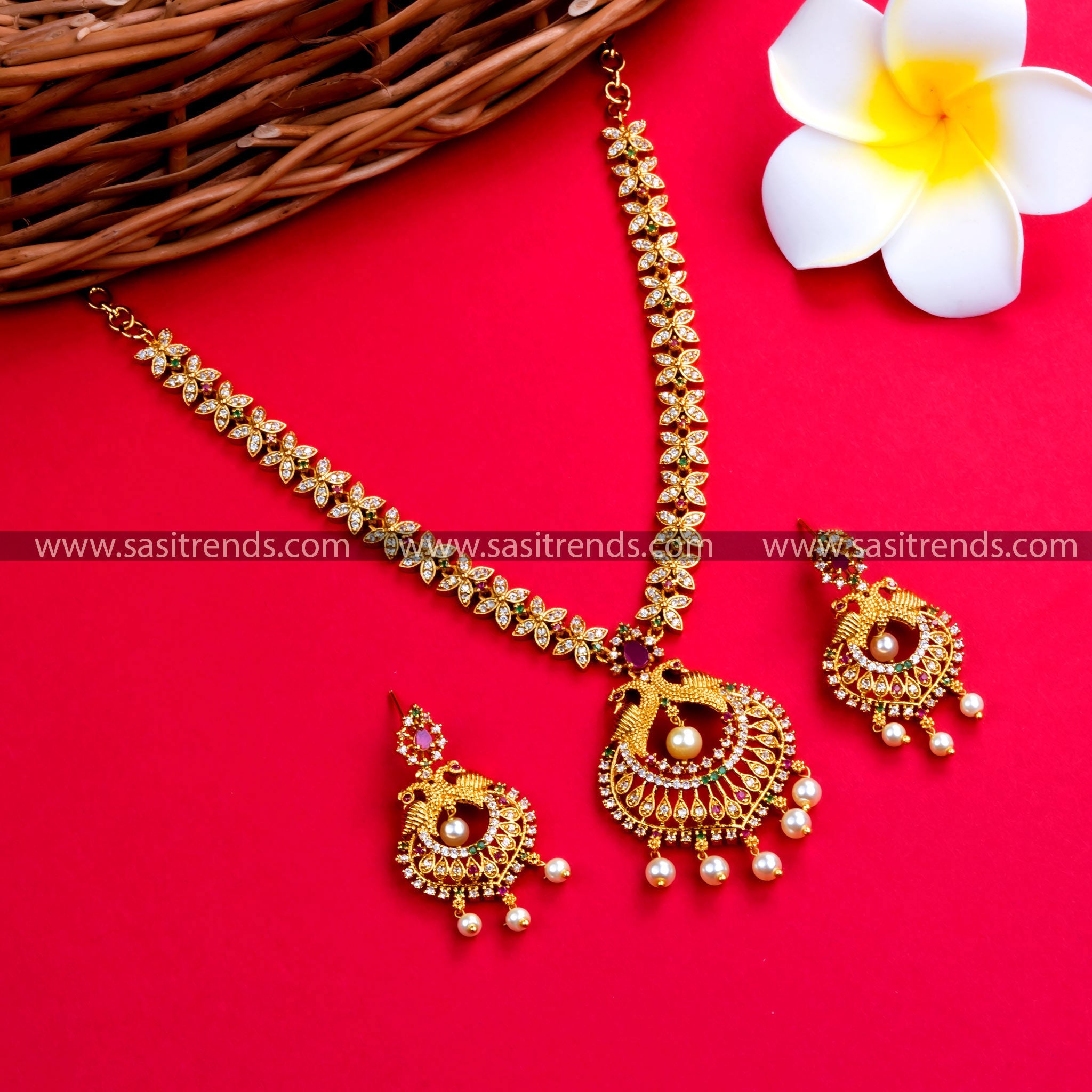 Temple Gold Plated AD Peacock Chandbali Pendant Necklace Set - Festive Jewelry