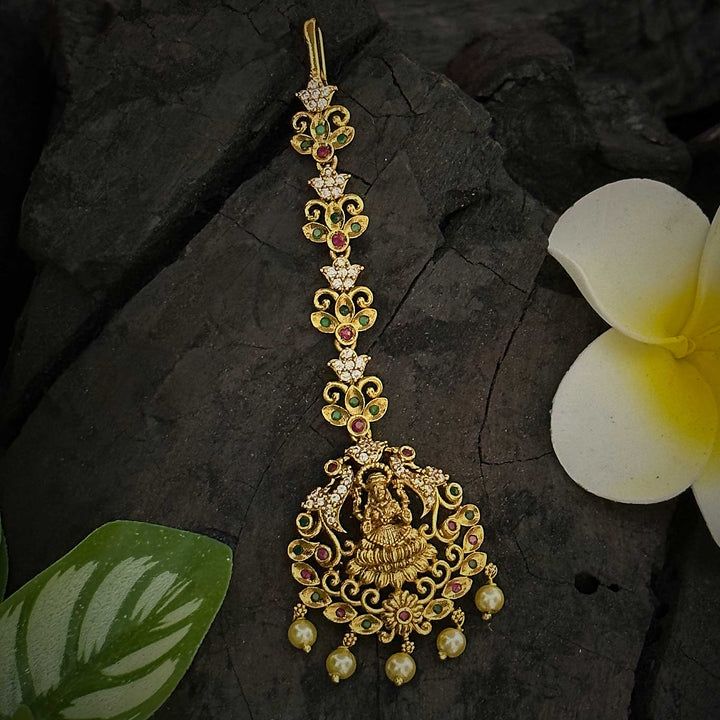 Elegant Bridal Lakshmi Maang Tikka Set with AD Stones - Premium Temple Matte Gold Plated | Sasitrends