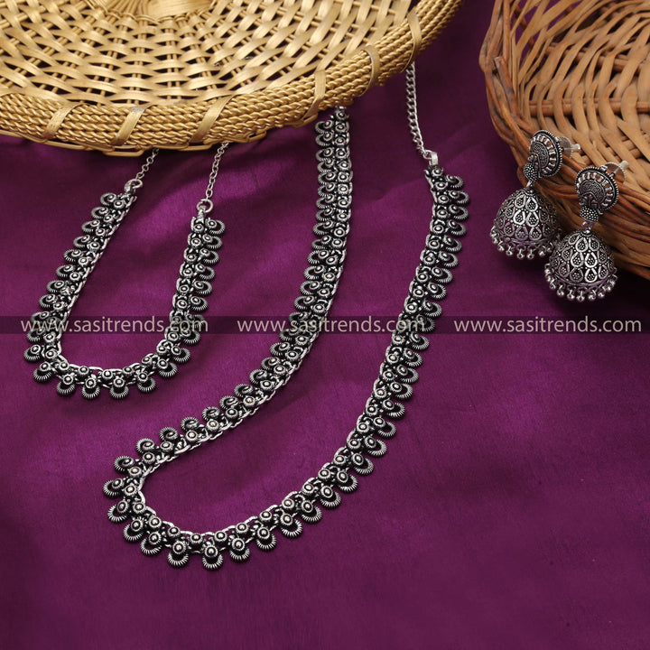 Oxidised Silver Short & Long Necklace Combo with Matching Jhumka Jewellery Set