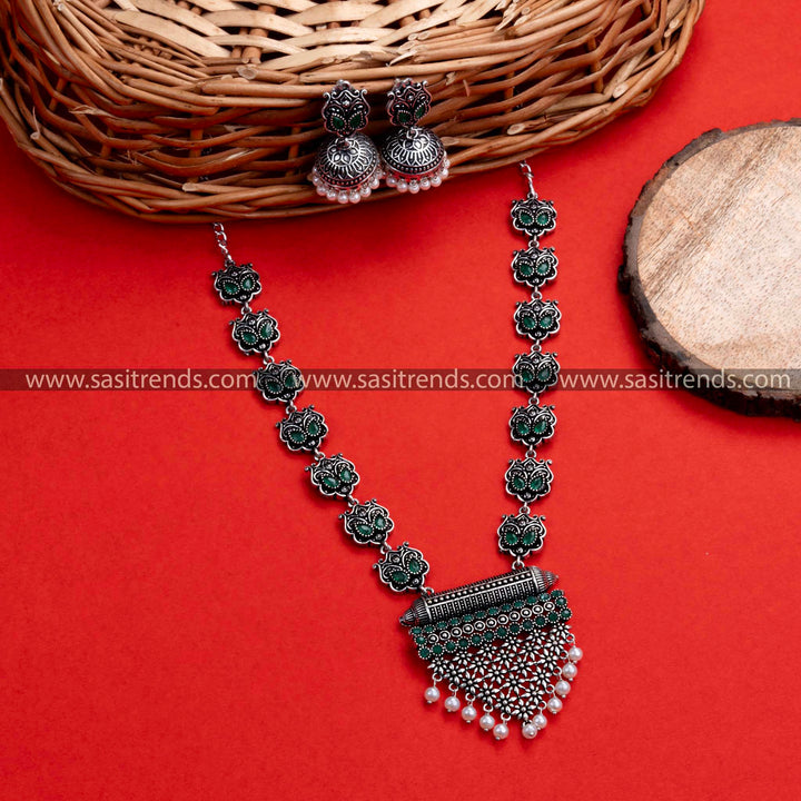 Party Wear Oxidised Silver Necklace Stones Jewellery Set with Grape Bunch Pendant with Jhumkas | Sasitrends