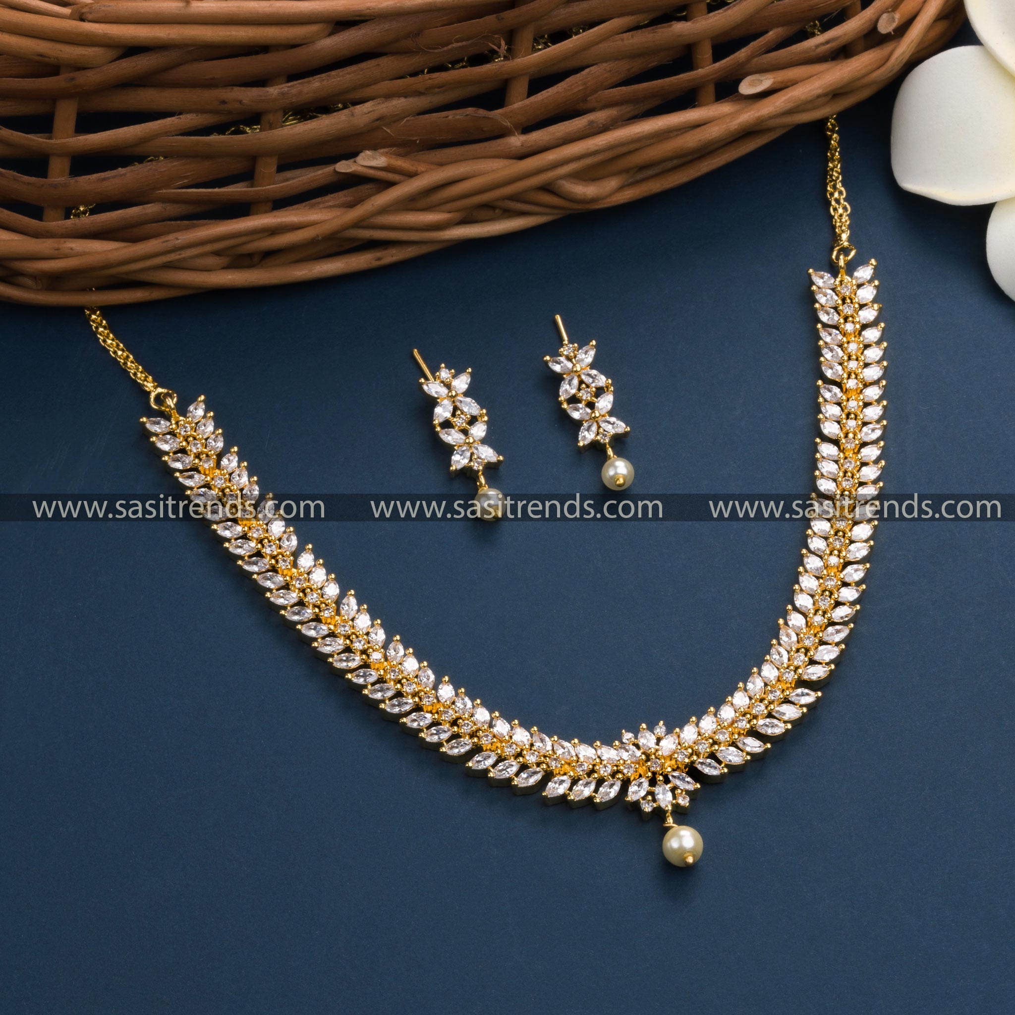 Trendy Micro Gold Plated Floral Leaf Necklace with Earrings and AD Stones for Women