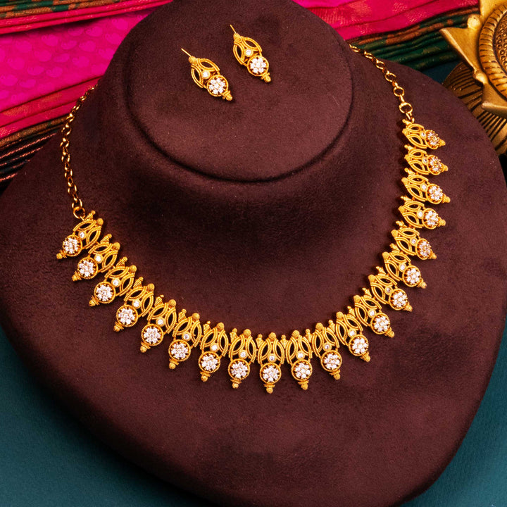 Elegant Temple Matte Gold Plated Jewellery Set with American Diamond Stones - Sasitrends