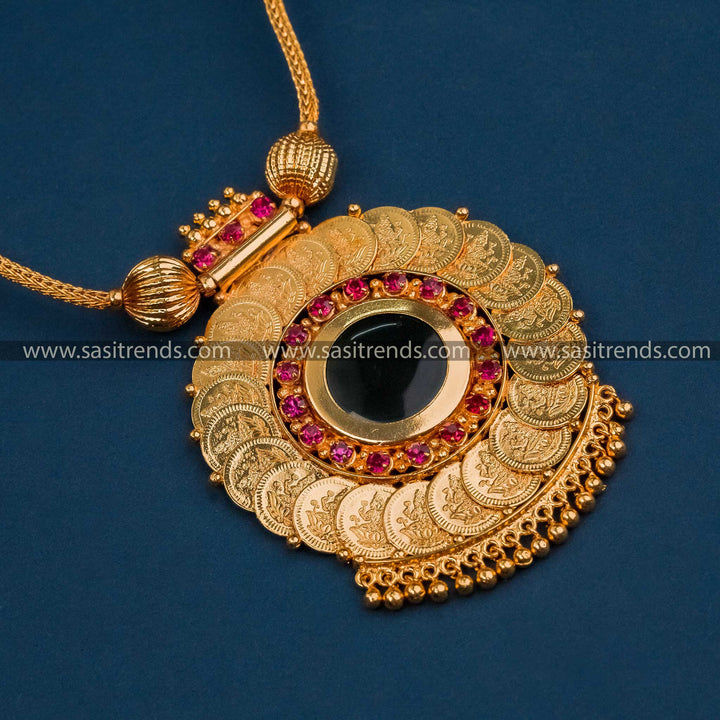 Micro Gold Plated Kerala Style Lakshmi Coin Palaka Necklace with Green Stone