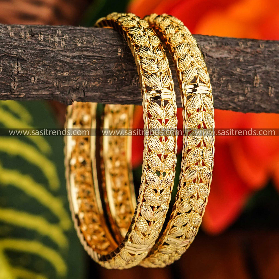 Thick Bangle Pair with Double Leaf Pattern - Traditional Indian Jewelry