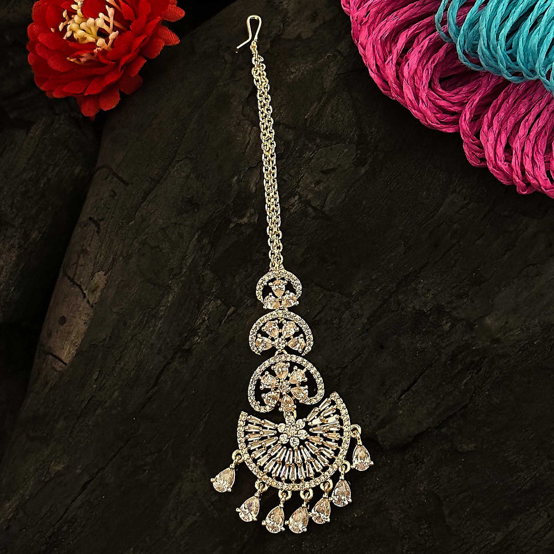 Rose Gold Maang Tikka Set with American Diamonds - Floral Design