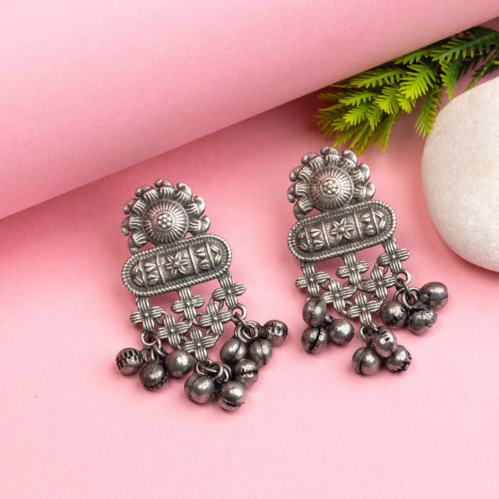 Latest Trendy Oxidised Silver Look Earrings with Antique Flower Design | Sasitrends