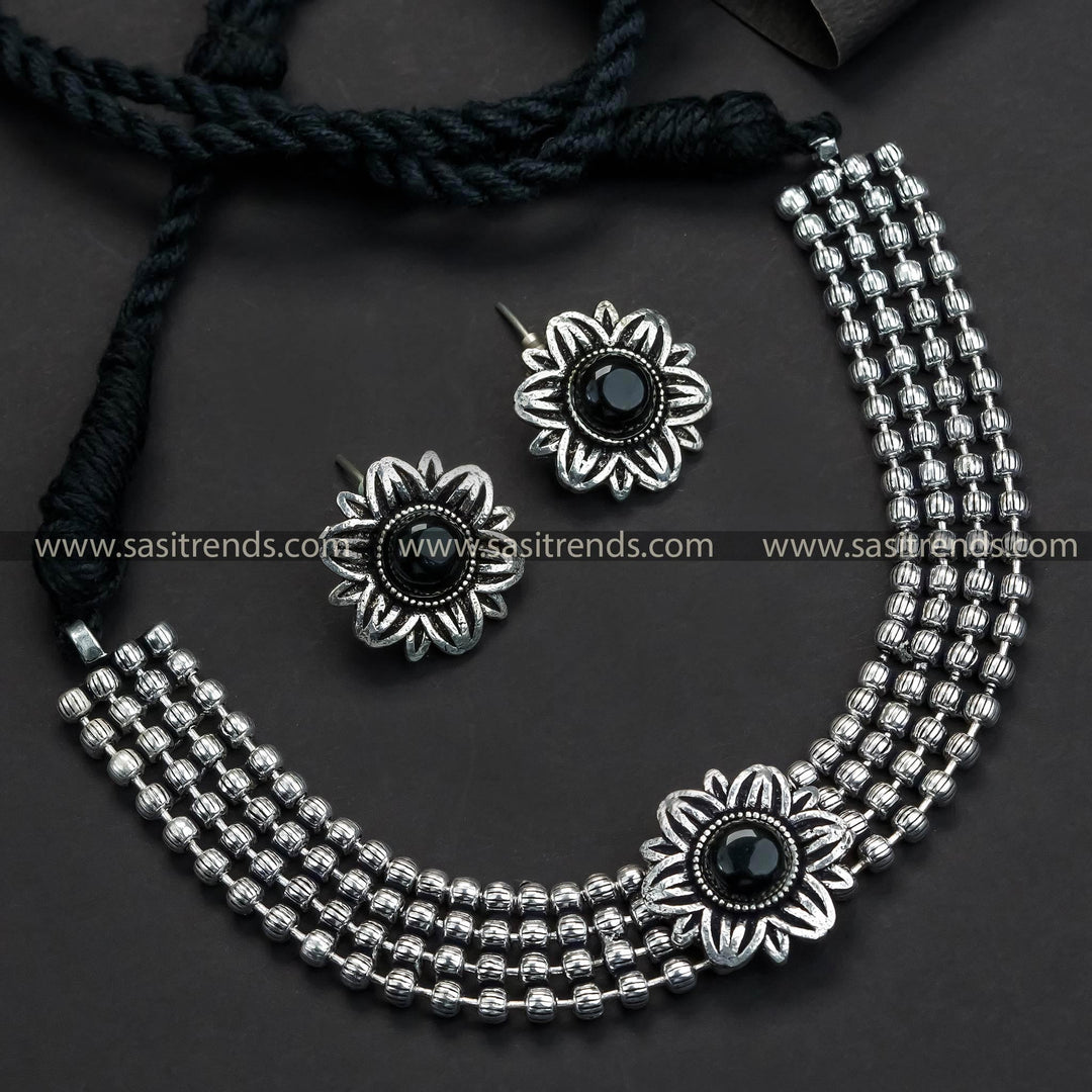 New Oxidized German Silver Choker Necklace Set with Black Floral Pendant and Stud Earrings - Traditional and Stylish Jewelry