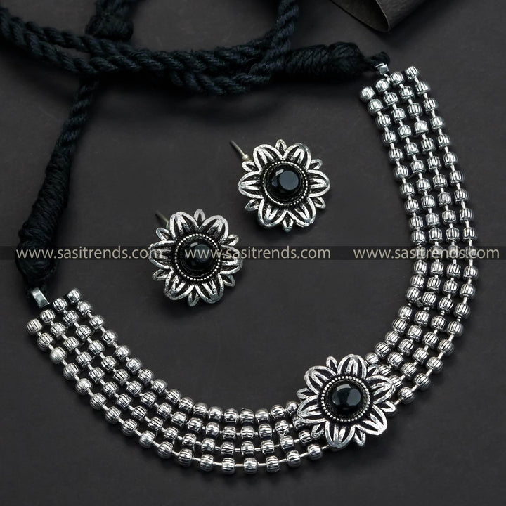 Sasitrends Latest Flower Oxidised Four Line Ball Layer Stones Choker Jewellery Set with Stud Tops Earrings