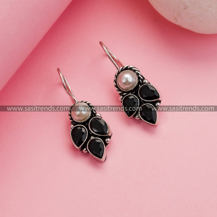 Stunning Office Wear Oxidized German Silver Hook Earrings in Black - Trendy Collections with Pearl and AD Stone Drops for Women