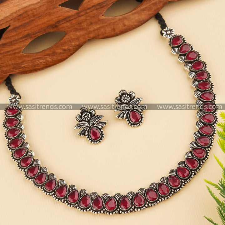 Elegant Party Wear German Silver Oxidised Necklace Jewellery Set with Monalisa Stones - Sasitrends