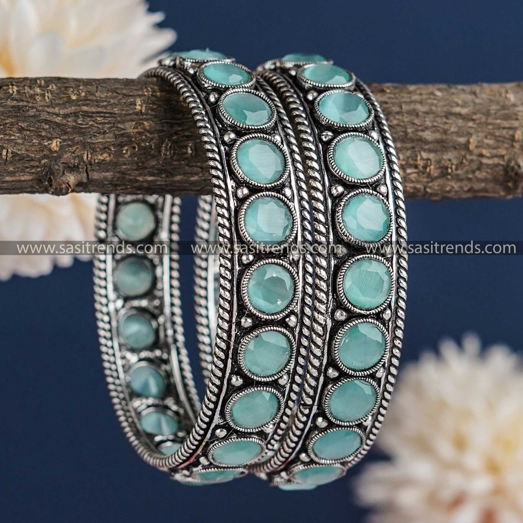 Trendy Thick Bangle Pair with Mint Monalisa Stones - Traditional and Party Wear Jewelry