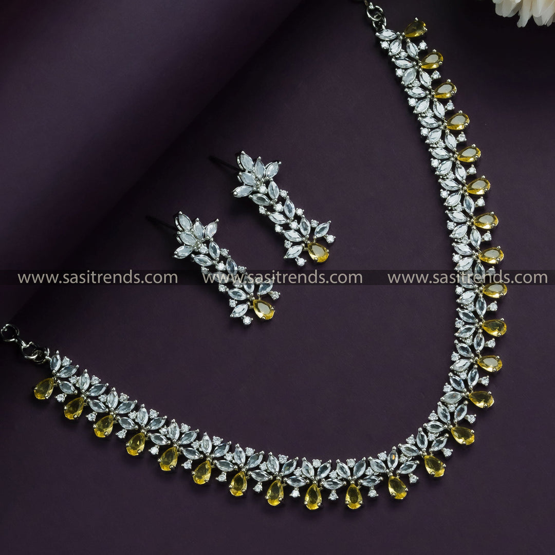 Yellow Radiance: Rhodium Silver Plated Floral Necklace Set with American Diamond Stones - Party Wear Collection in Yellow for Women