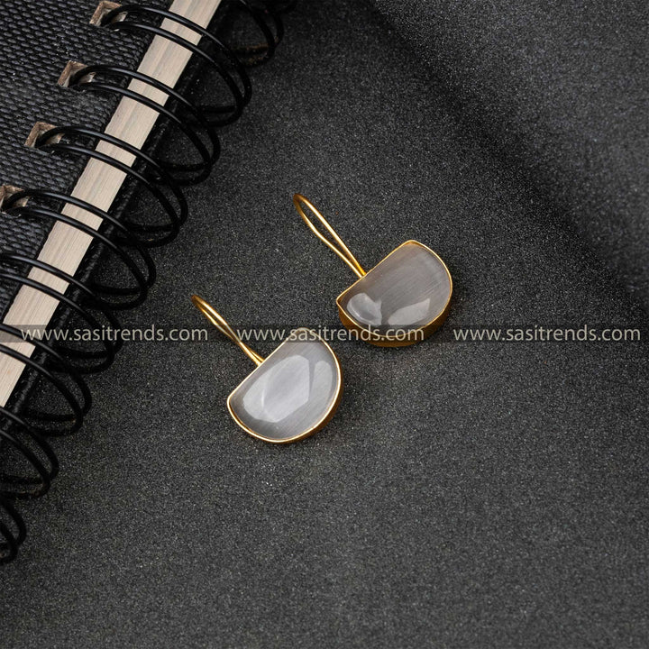 Party Wear Gold Plated Gray Monalisa Stone Fish Hook Earrings 