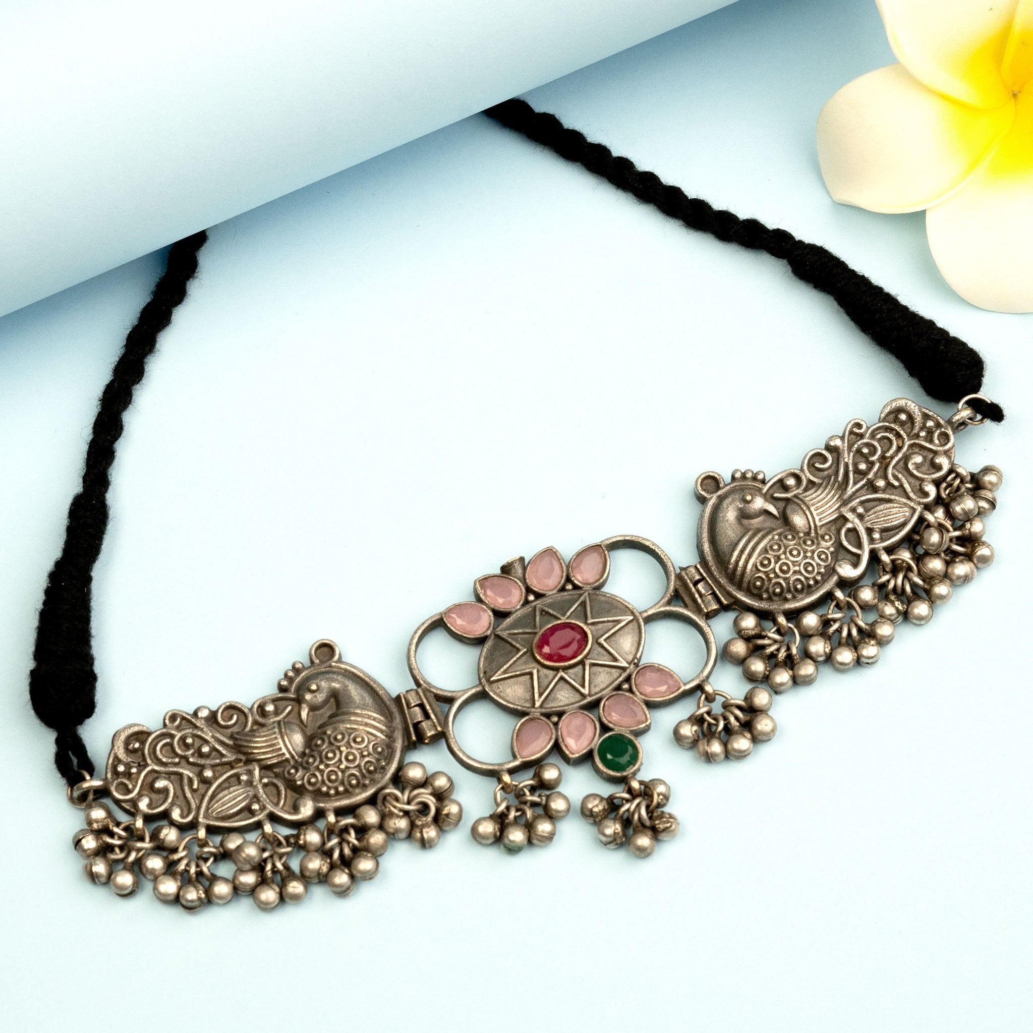 Peacock Oxidised Silver Choker Necklace with AD Stones