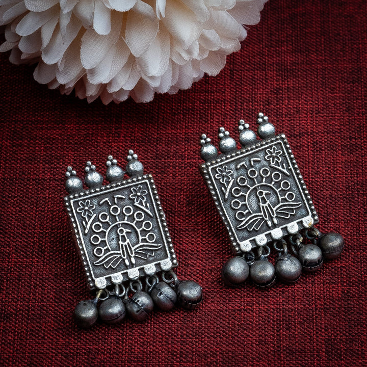 Trendy Tribal Oxidised Silver Look Peacock Patch Square Earrings | Sasitrends