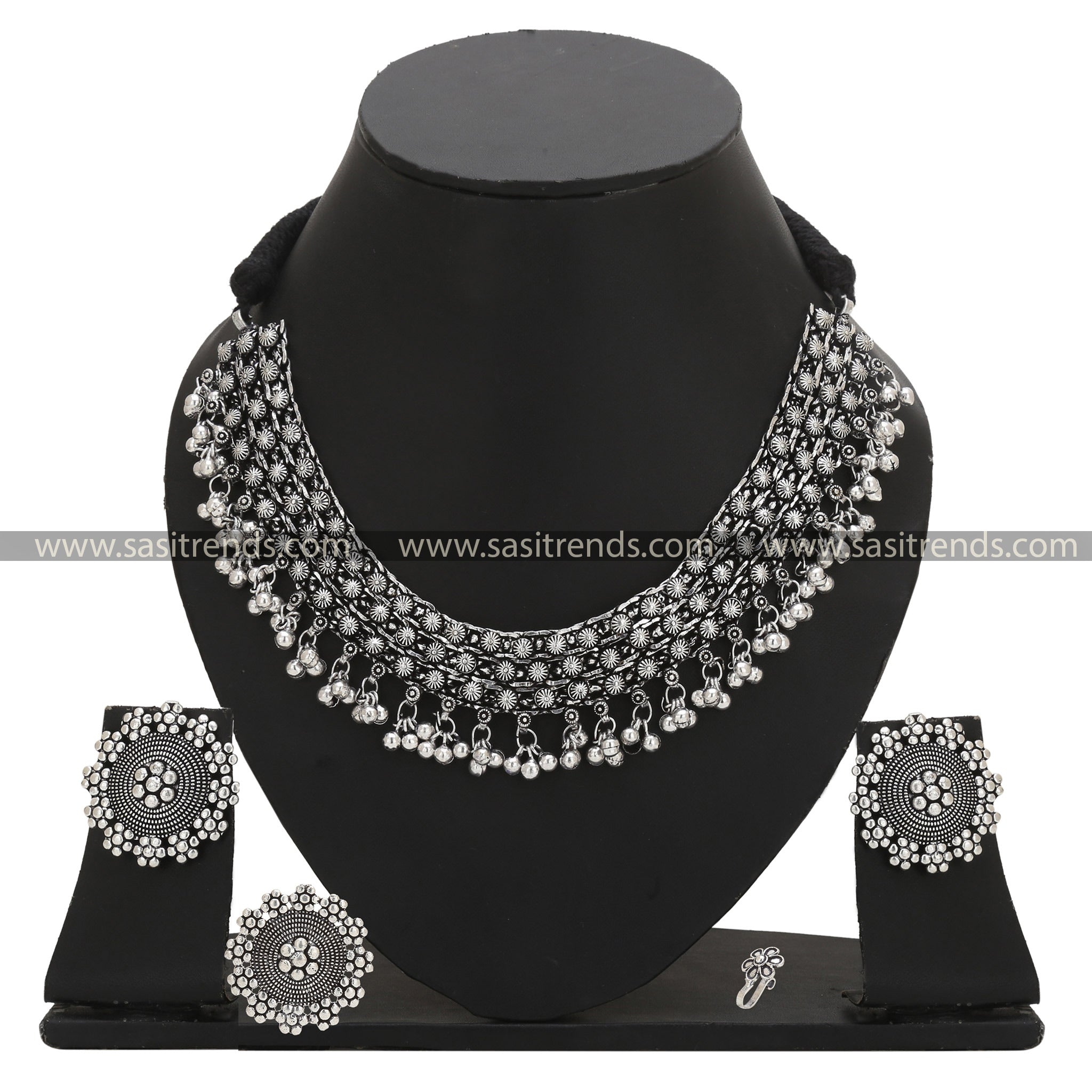 Traditional Navarathna collection Oxidised Combo Jewelry Set with Floral Patterns, Hanging Beads