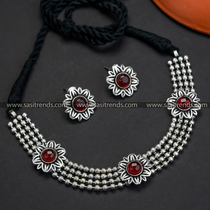 Trendy Oxidised Floral Choker Necklace Set with Top Earrings - Latest Stones Stud Jewellery Set