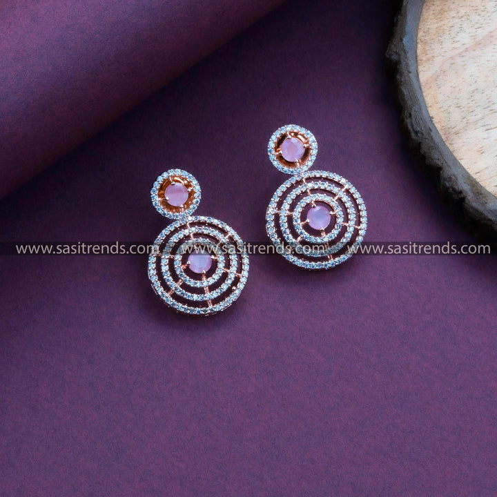 Graceful Pink Stone Rose Gold Plated Earrings with Stunning Circle Pattern and American Diamonds – Party Wear Jewelry