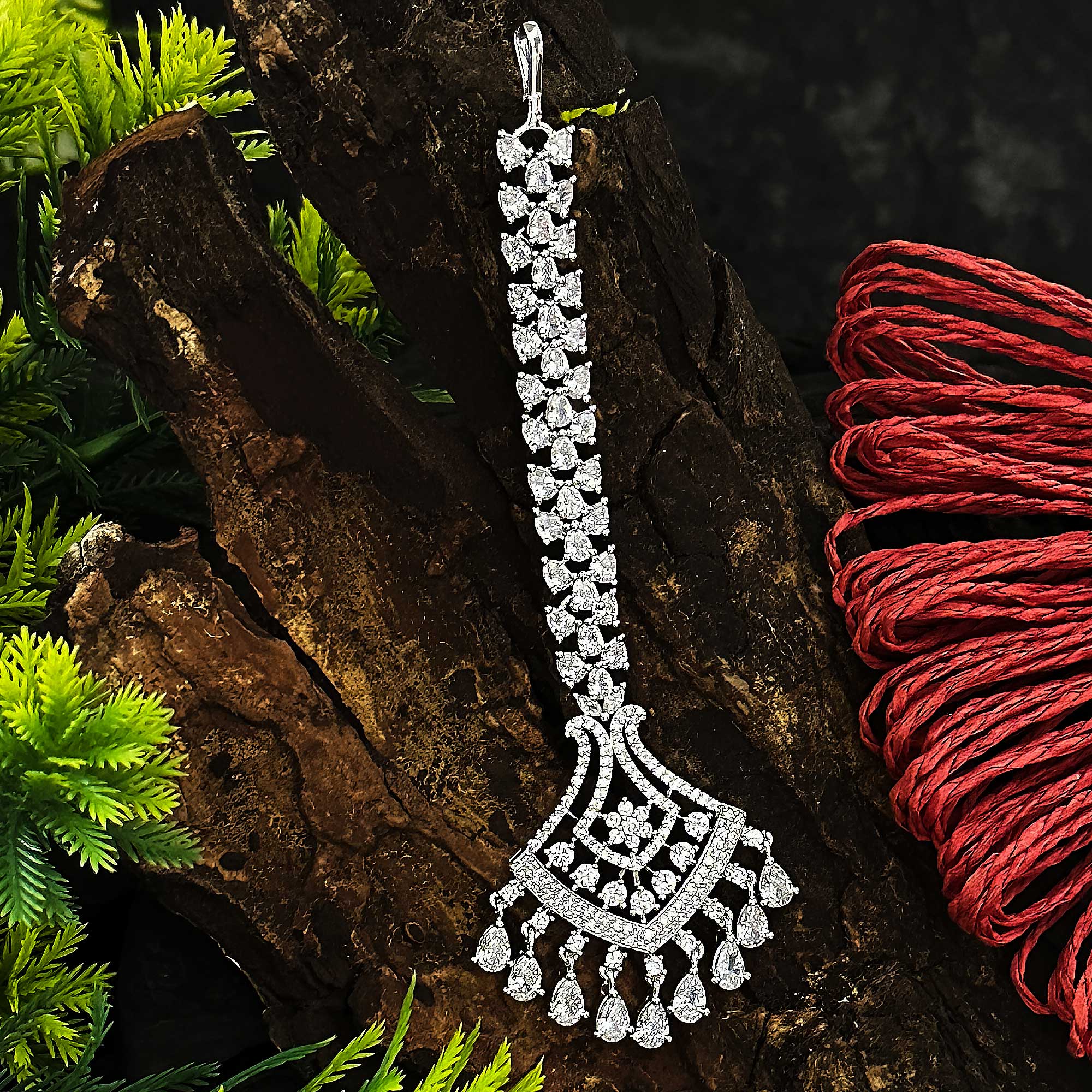 Rhodium Silver Plated Bridal Maang Tikka with American Diamond Stones